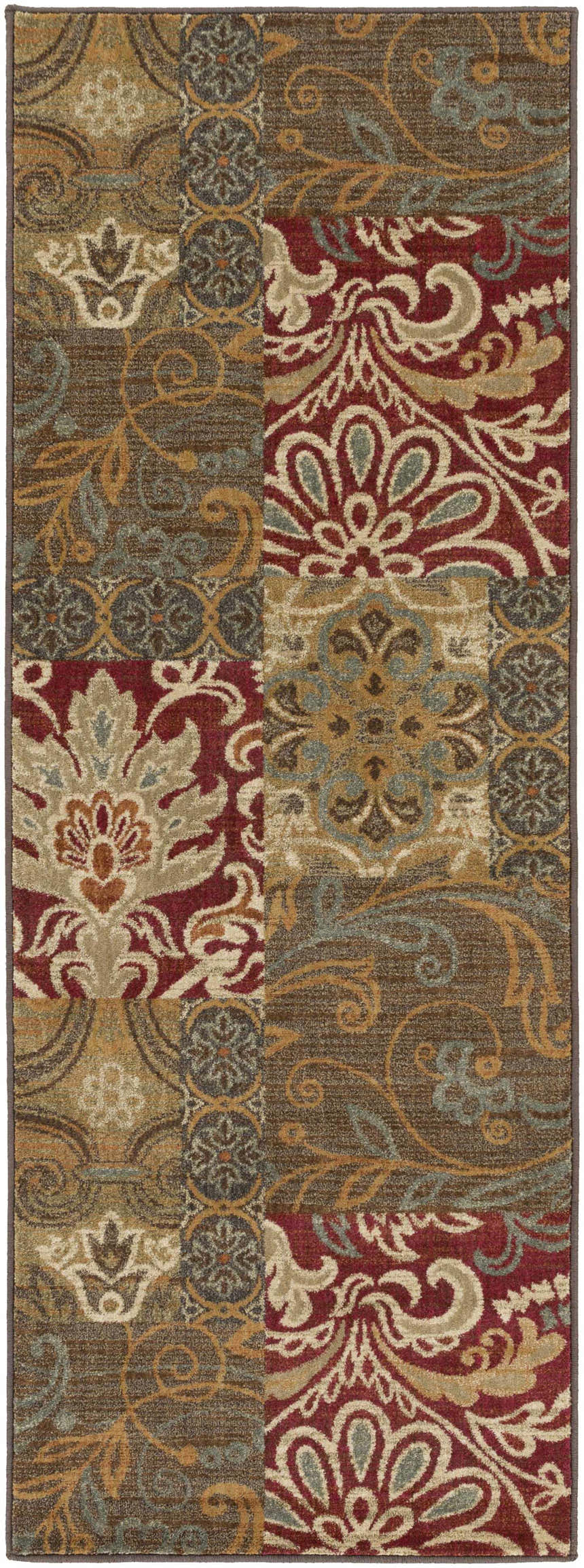 Close-up of the Pattersonville Area Rug featuring black, brown, burgundy, and teal traditional floral patterns. Design-Runner-2773