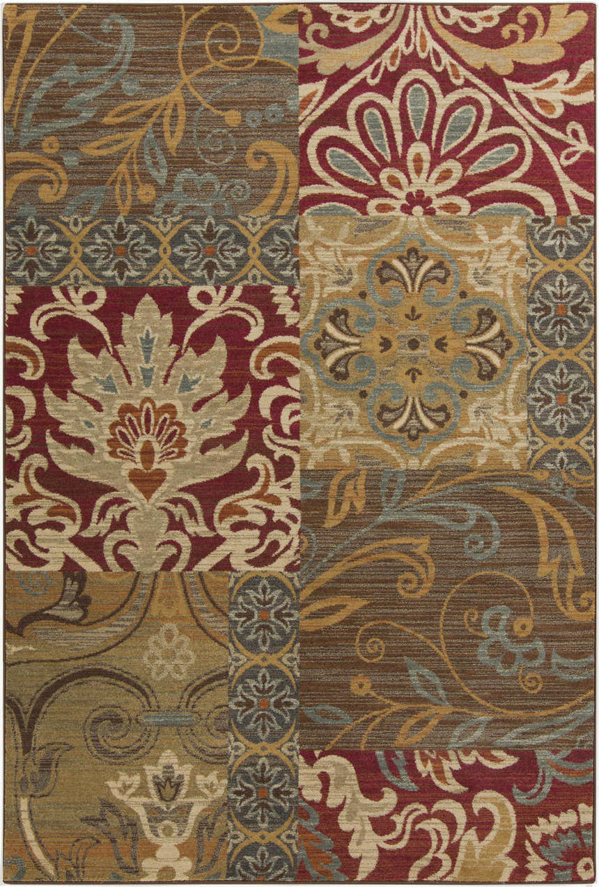 Close-up of the Pattersonville Area Rug. Traditional patchwork design in black, brown, burgundy, and teal tones. Design-Rectangle