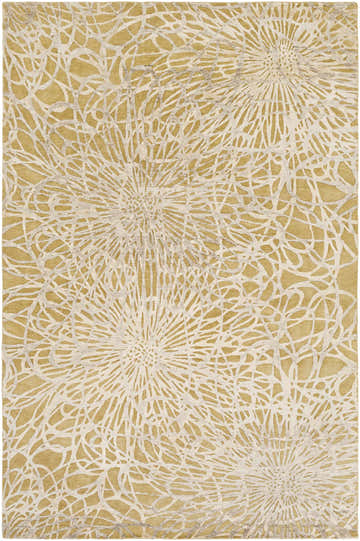 Close-up of the Patagonia Area Rug. Light gray and mustard floral burst pattern. Hand-knotted wool and viscose rug. Design-Rectangle-69