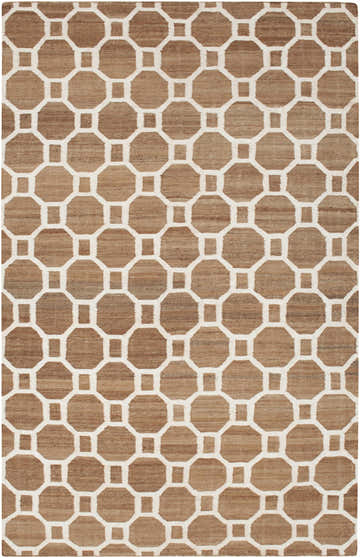 Close-up of the Pattersonvle Area Carpet. Brown jute rug with a white geometric octagon and square pattern. Contemporary style. Design-Rectangle-576