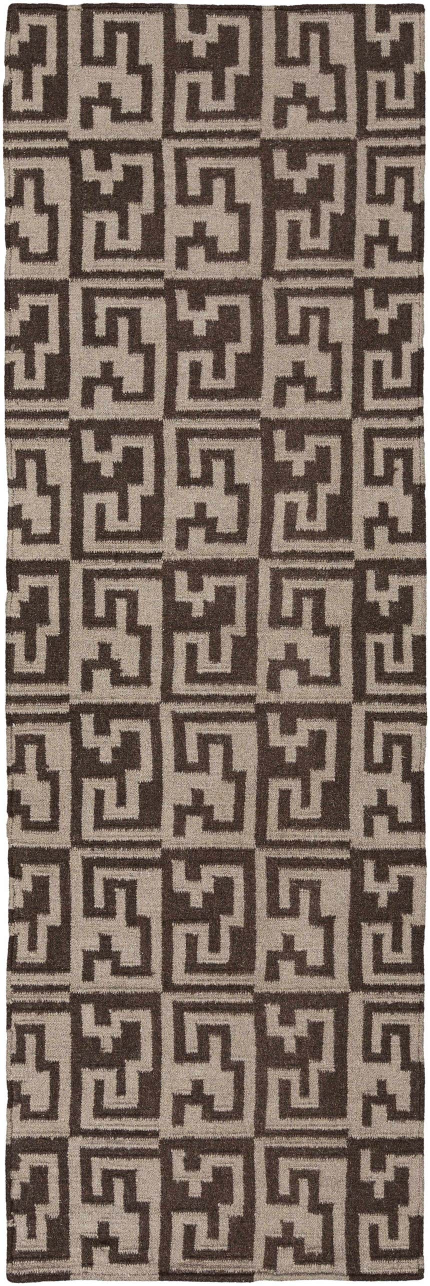Close-up of the hand woven Paxville Area Rug. Beige and dark red wool rug with a geometric farmhouse pattern. Design-Runner-268