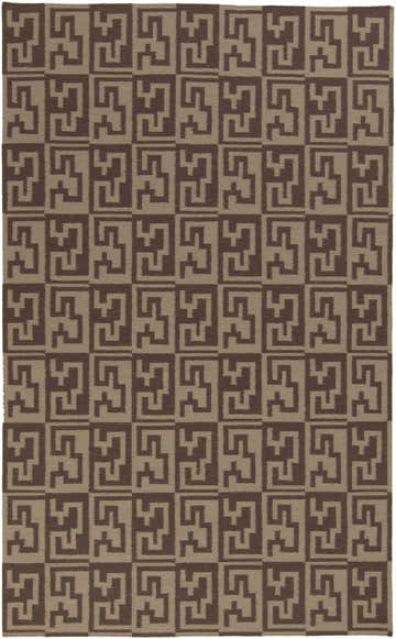 Close-up of the Paxville Area Rug. Hand-woven wool rug in beige and dark red with a geometric, farmhouse-style pattern. Design-Rectangle-58