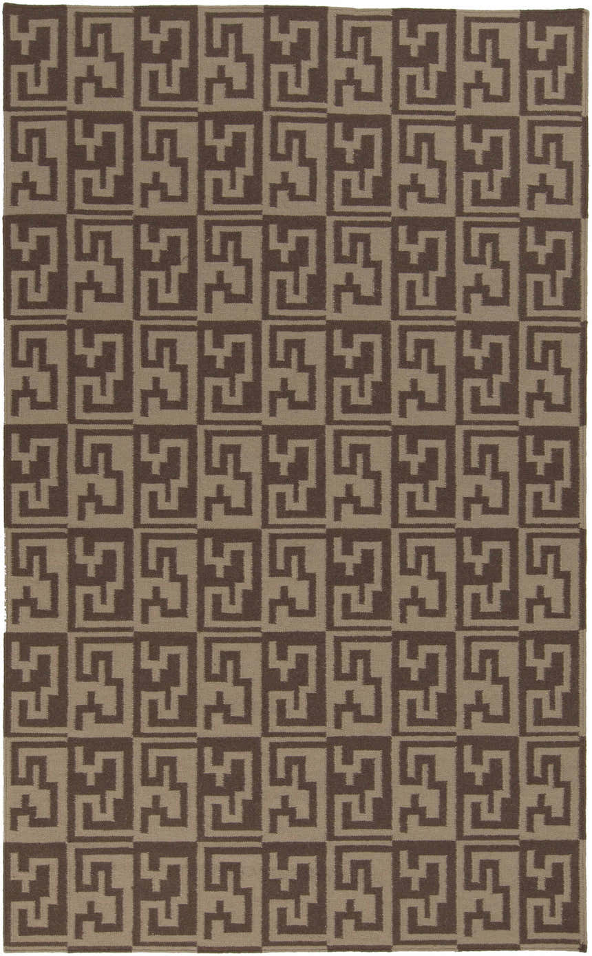Close-up of the Paxville Area Rug. Hand-woven wool rug in beige and dark red with a geometric, farmhouse-style pattern. Design-Rectangle-58