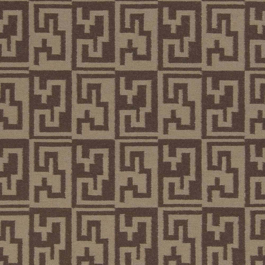 Close-up of Paxville Area Rug. Beige and dark red wool rug with a geometric, maze-like pattern. Hand woven. Swatch