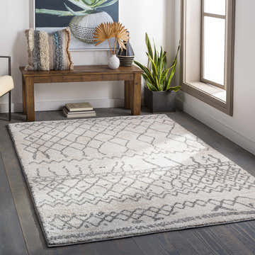 Living room scene with a beige and charcoal Pembroke High Pile Tribal Area Rug on dark wood floors. Roomscene-Rectangle
