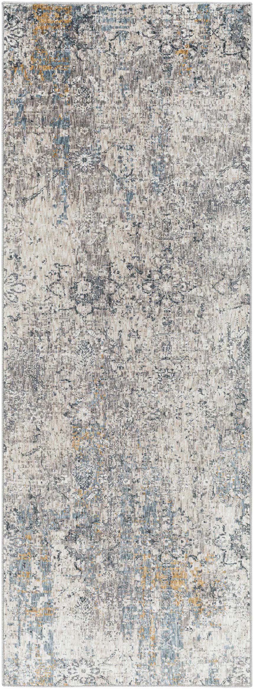 Close-up of the Pence Luxe Fringe Rug, a contemporary rug in beige, blue, charcoal, and tan with a distressed abstract pattern. Design-Runner-2773