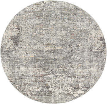 Round Penokee Carved Statement Rug with a contemporary abstract pattern in gray, ivory, charcoal, and light olive tones. Design-Round-710
