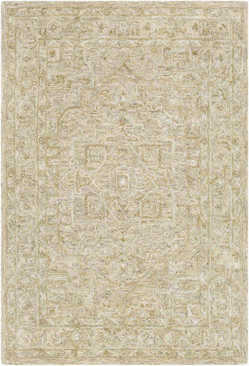 Detailed texture of the Pharr Wool & Faux Silk Rug in light beige, cream, and sage. Traditional oriental design. Design-Rectangle-576