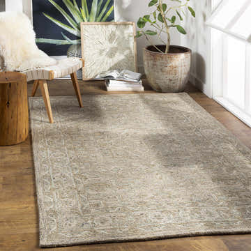 Light beige Pharr Wool & Faux Silk Rug in a bright room with wood floors, chair, plant, and modern decor. Roomscene-Rectangle