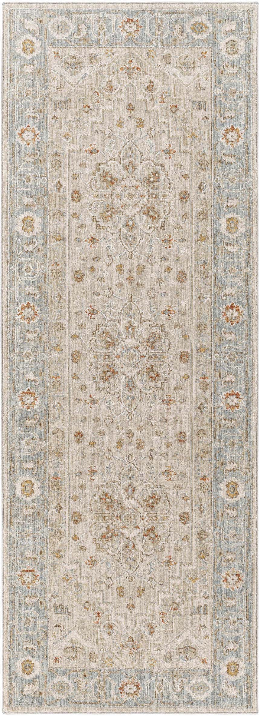 Close-up of the Phyllis Thick Luxe Statement Rug, a runner with light beige, charcoal, and denim traditional patterns. Design-Runner-2773