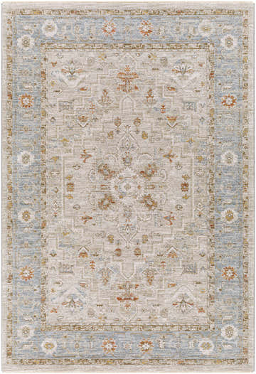 Close-up of the Phyllis Thick Luxe Statement Rug, showcasing traditional patterns in light beige, denim, and brick red hues. Design-Rectangle-575