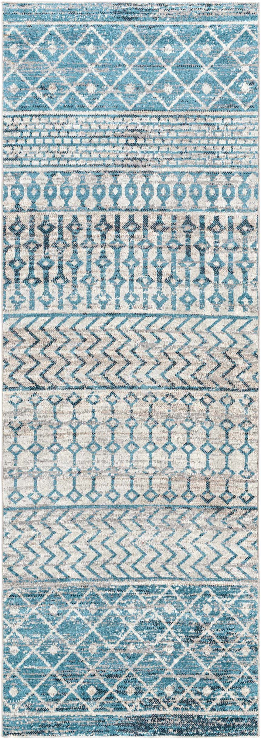 Close-up of the Pinamopoan Washable Area Rug. Features blue, gray, and beige geometric patterns. Contemporary style. Design-Runner-2773