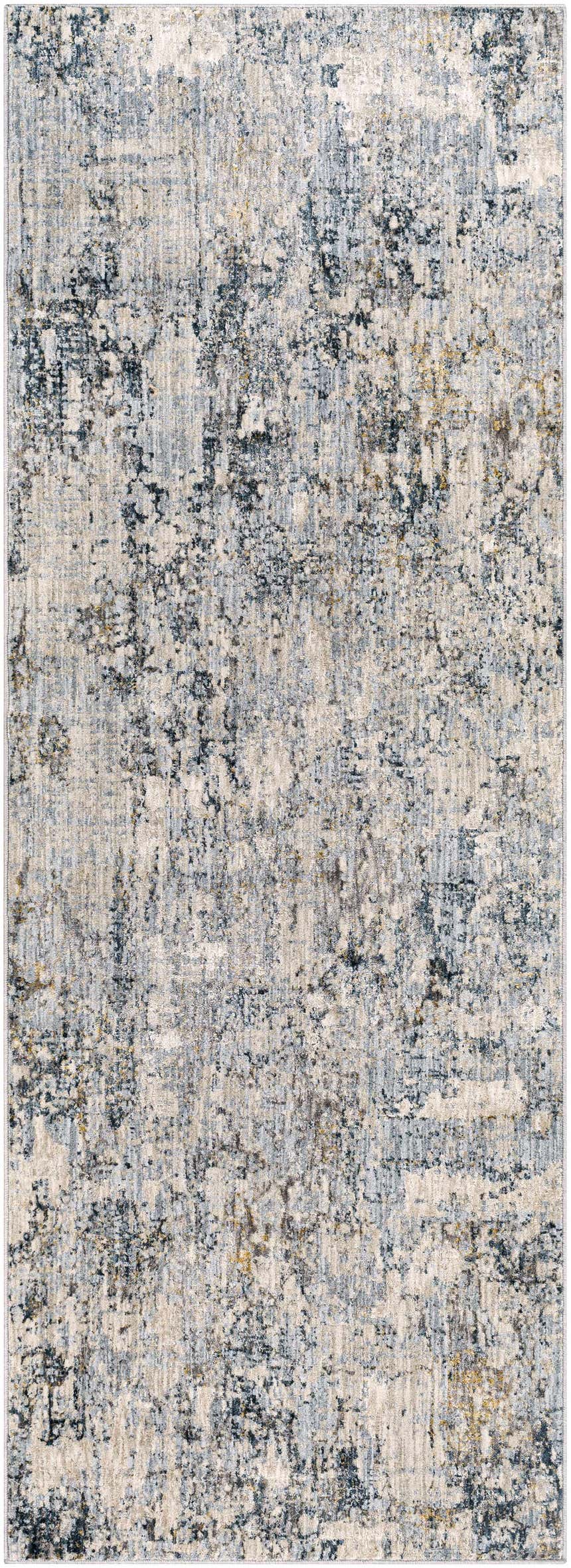 Close-up of the Pinjarra Luxe Rug. Contemporary style rug in charcoal, cream, blue, gray, and tan abstract pattern. Design-Runner-2773
