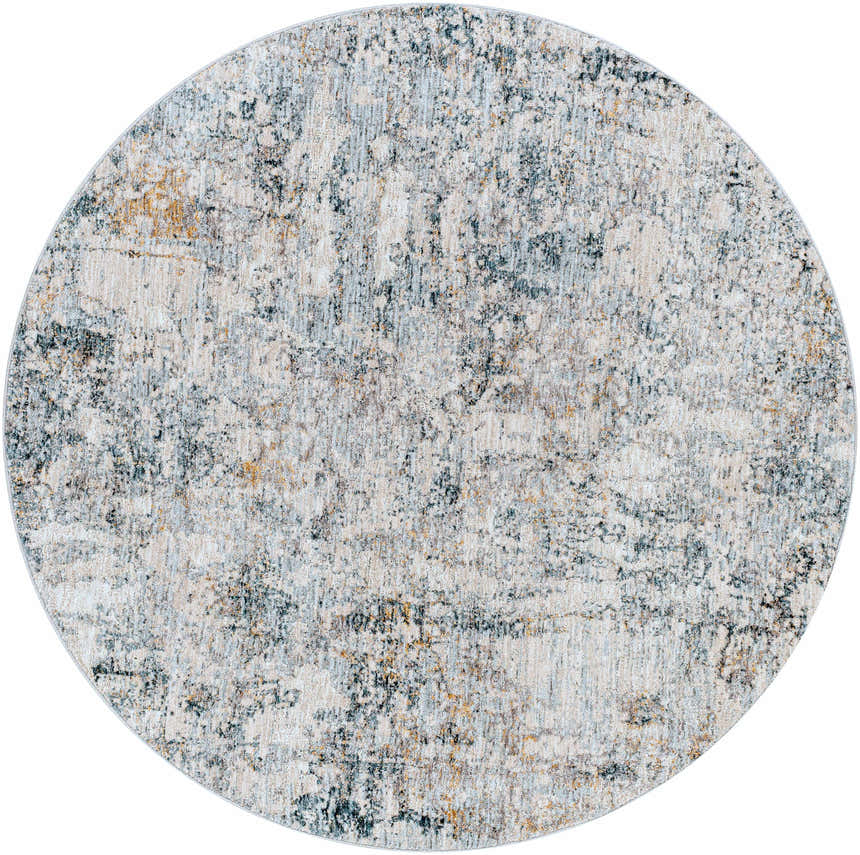 Round Pinjarra Luxe Rug with a contemporary abstract pattern in charcoal, cream, gray, blue, and tan hues. Design-Round-53