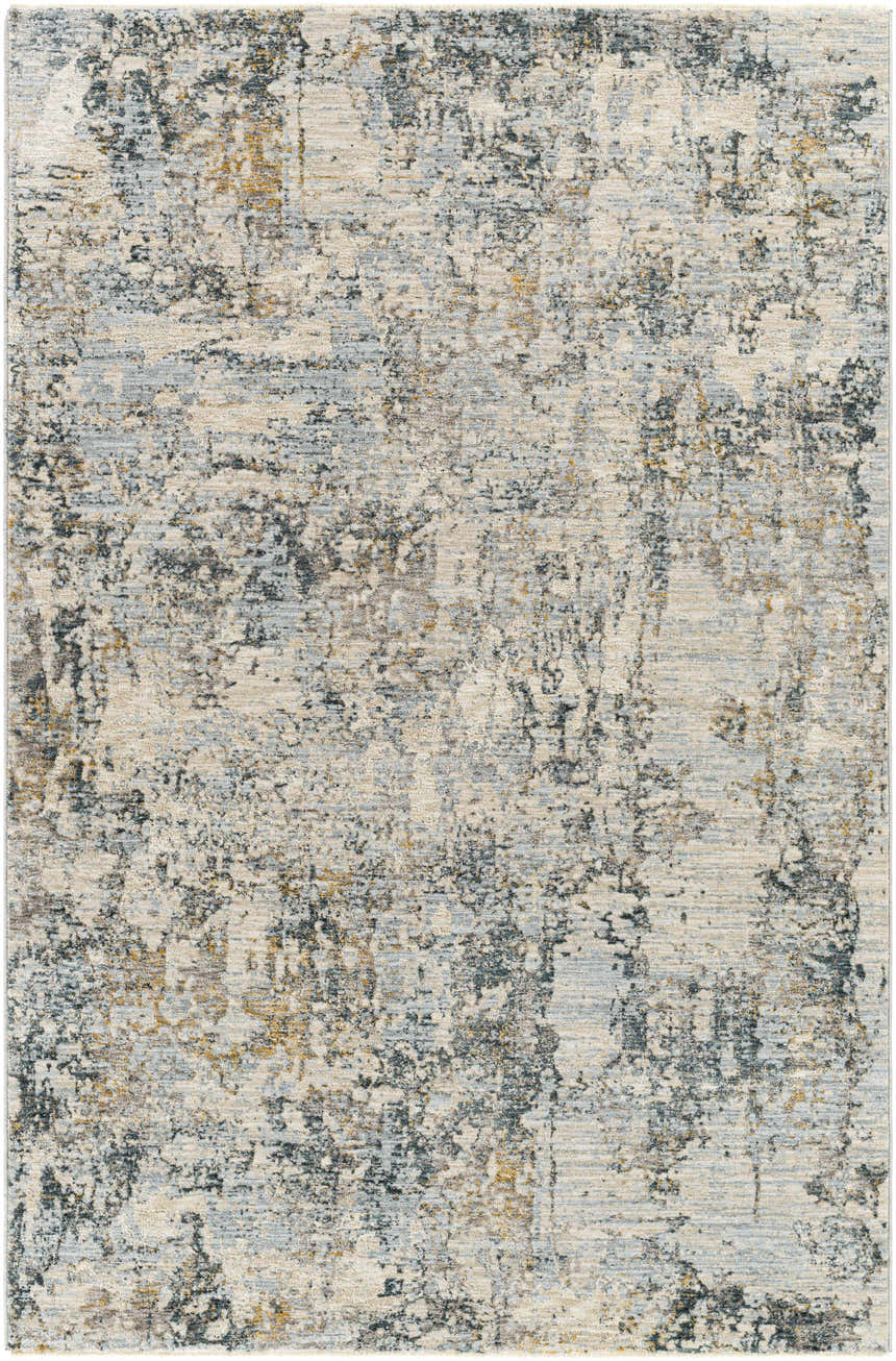Close-up of the Pinjarra Luxe Rug. Contemporary design in charcoal, cream, blue, gray, and tan tones. Machine woven polyester. Design-Rectangle-575
