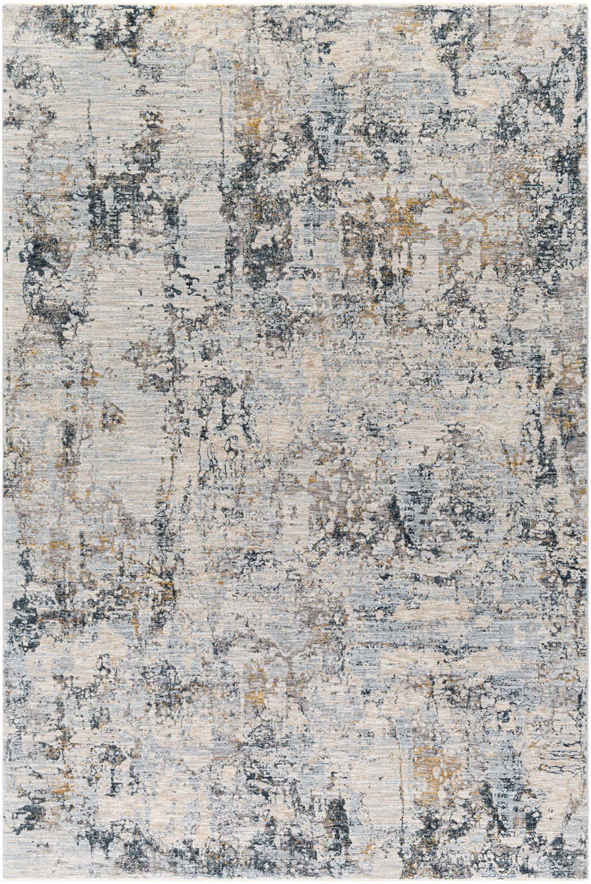 Close-up of the Pinjarra Luxe Rug, featuring a contemporary charcoal, cream, and gray abstract design. Design-Rectangle-6796