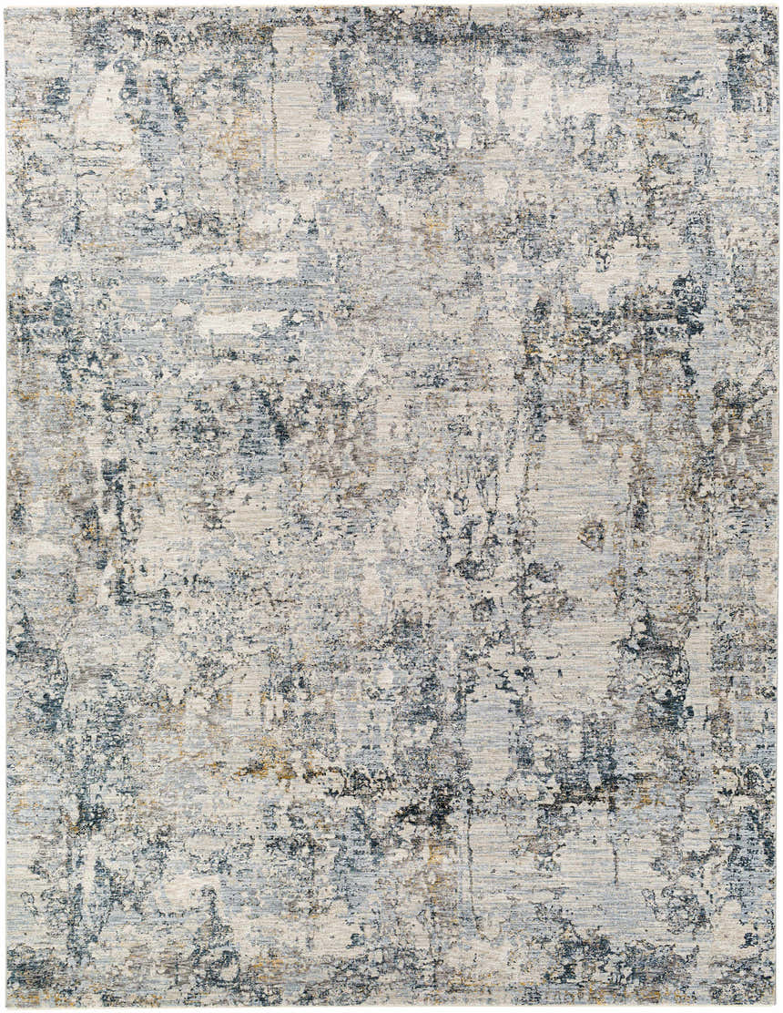 Close-up of the Pinjarra Luxe Rug, a contemporary rug with charcoal, cream, and blue abstract pattern. Design-Rectangle-710103