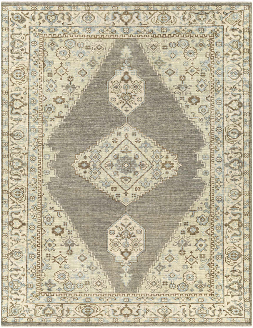 Close-up of the hand-knotted Pinokawan Area Rug. Charcoal, beige, brown, and denim hues in a traditional, geometric design. Design-Rectangle-810