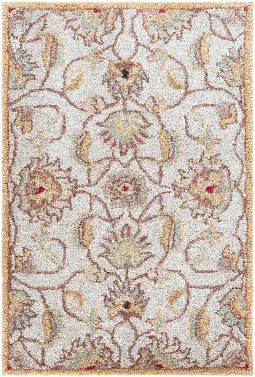 Close-up of the Pirtleville Area Rug. Hand-tufted wool rug with a traditional floral pattern in blush, brown, sage, and tan. Design-Rectangle-23