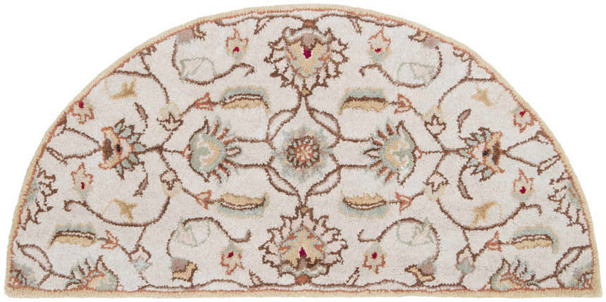 Close-up of a Hearth-shaped Pirtleville Area Rug. Tan wool rug with a traditional floral pattern in brown, sage, blush, and rust. Design-Hearth