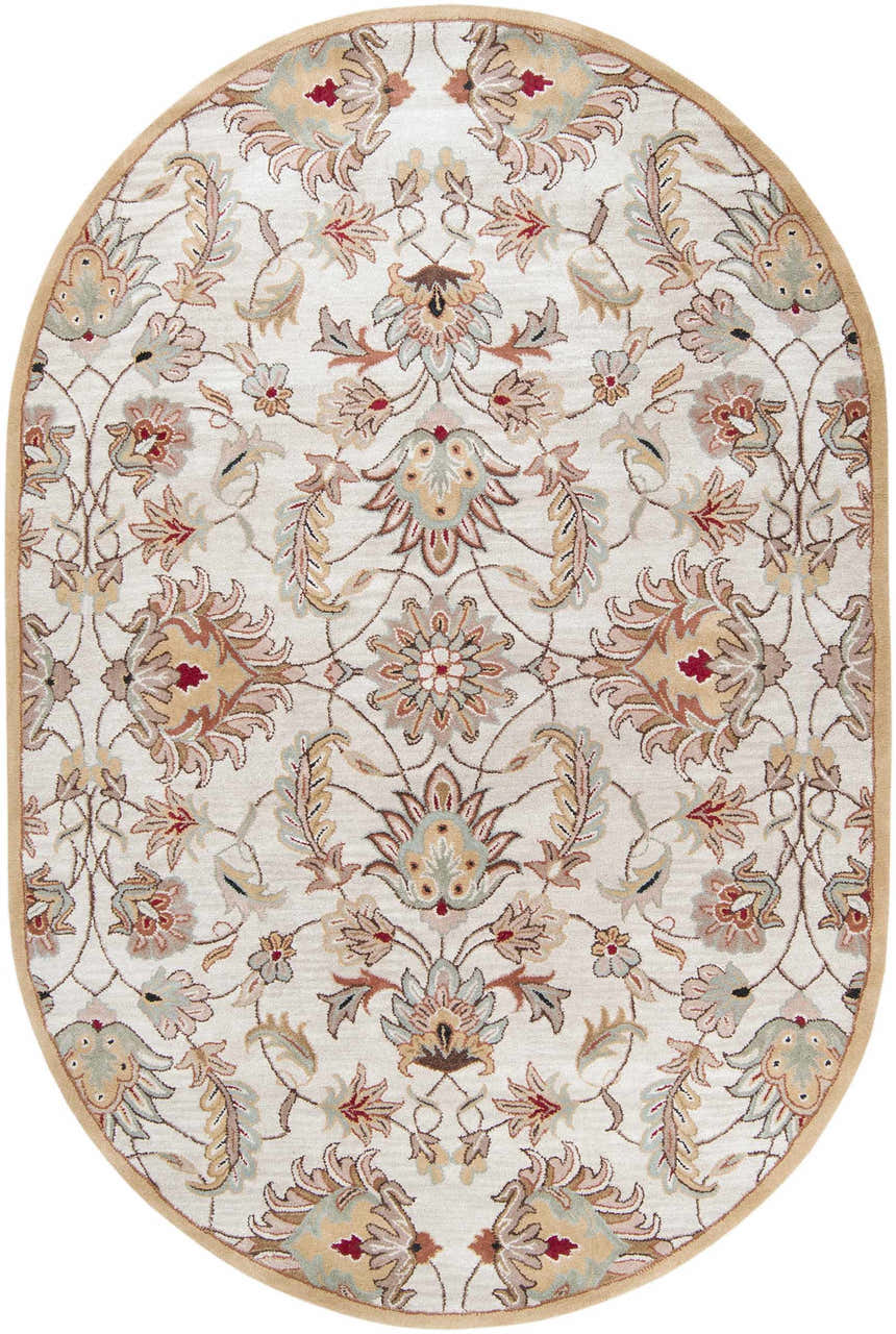 Oval Pirtleville Area Rug. Hand-tufted wool rug with a traditional floral pattern in blush, tan, and slate on a cream background. Design-Oval-69