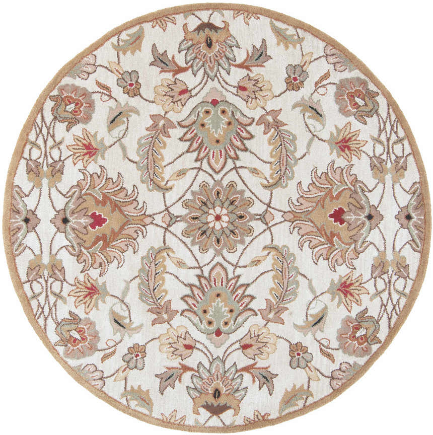 Close-up of the round Pirtleville Area Rug. Features a floral pattern in blush, tan, brown, rust, and sage on a light background. Design-Round-6