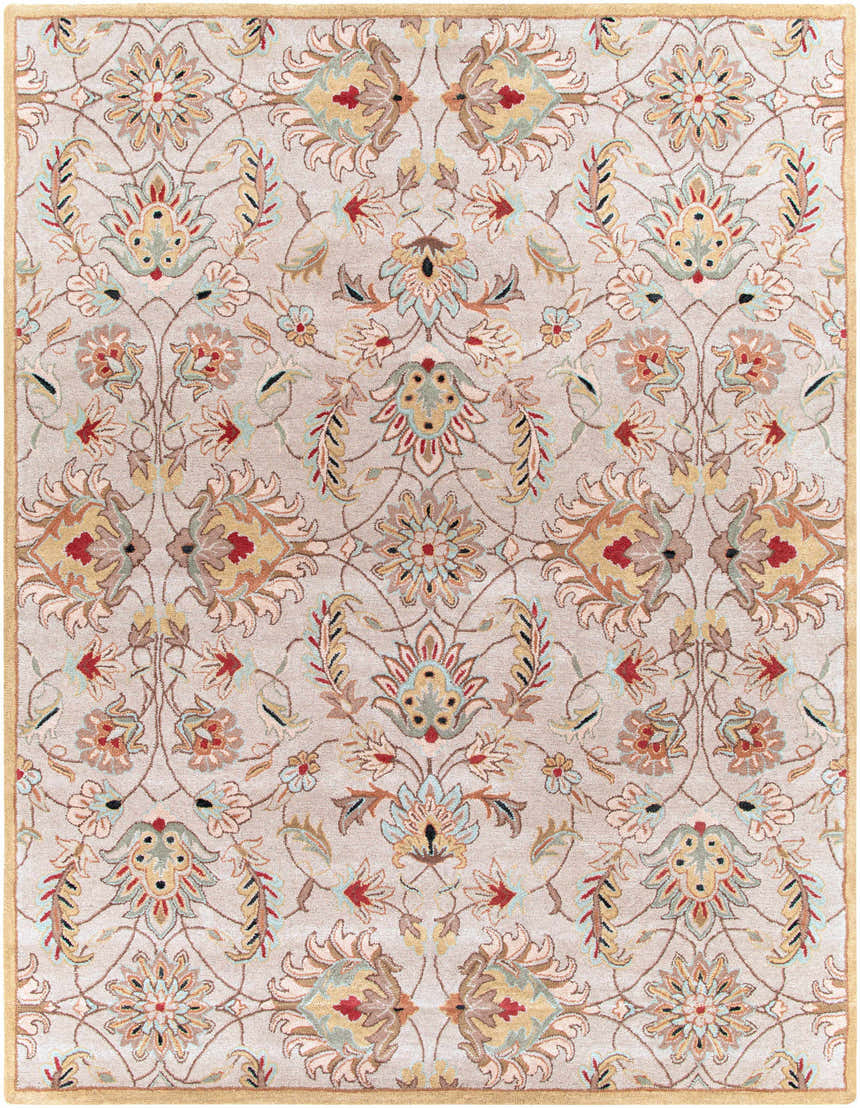 Detailed Pirtleville Area Rug close-up. Wool rug with floral, symmetrical pattern in blush, brick red, and sage on a tan background. Design-Rectangle-7696