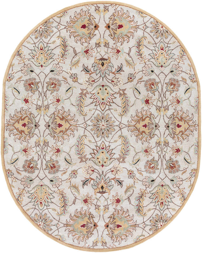 Oval Pirtleville Area Rug close-up. Floral pattern in blush, brick red, and sage on a tan wool rug. Design-Oval-810