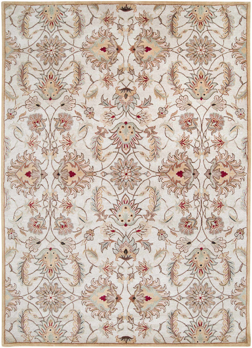 Detailed floral pattern of the Pirtleville Area Rug in blush, rust, tan, and gray wool. Design-Rectangle-811