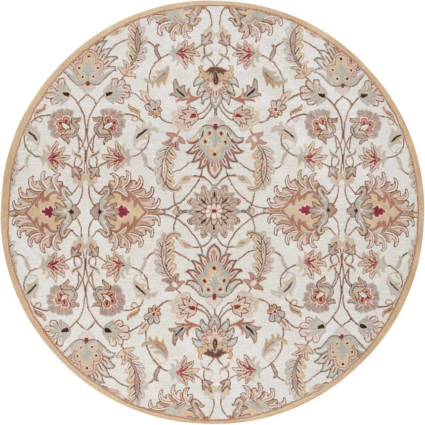 Round Pirtleville Area Rug with a traditional floral pattern in blush, tan, gray, and brown hues. Design-Round-8