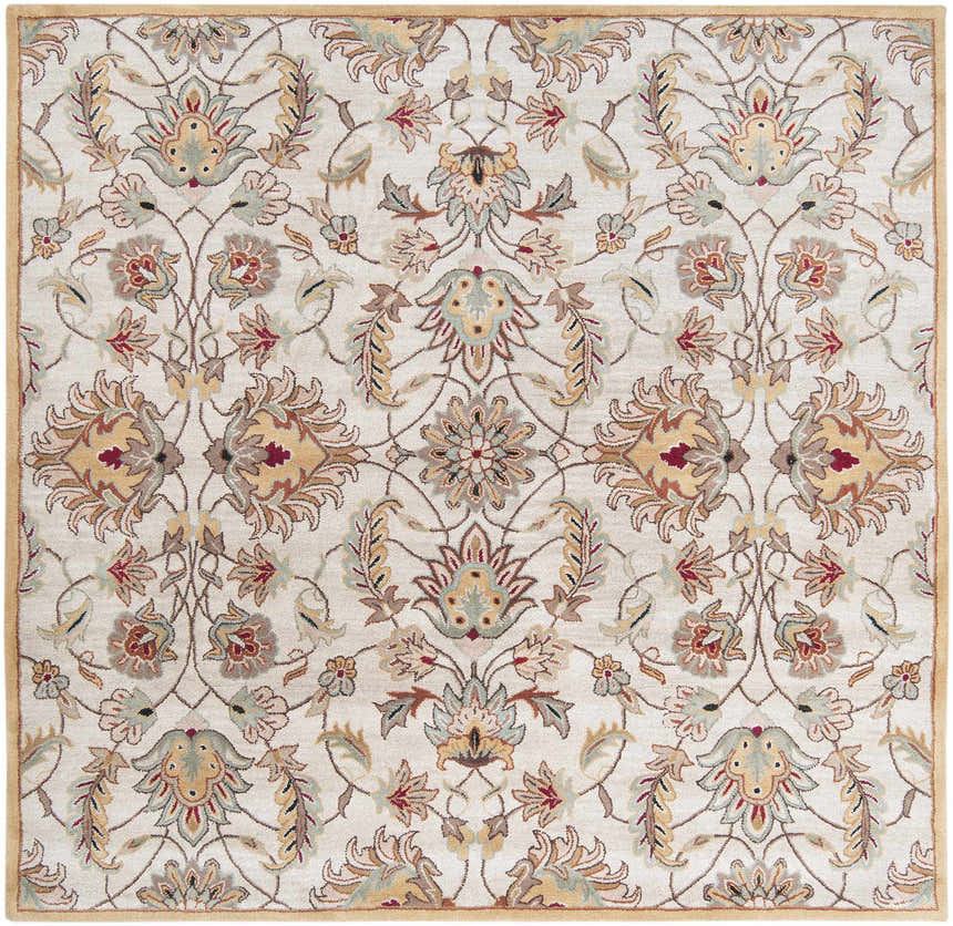 Detailed floral pattern of the Pirtleville Area Rug. Hand-tufted wool rug in blush, sage, rust, and tan. Design-Square-8