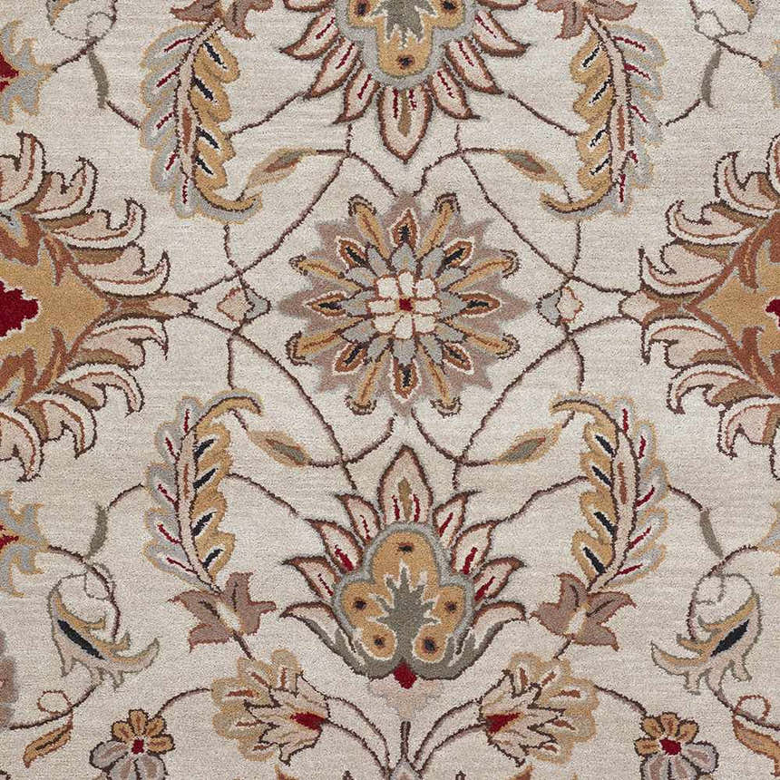 Close-up of the Pirtleville Area Rug. Floral pattern in blush, brick red, and tan on a cream background. Hand-tufted wool texture. Swatch
