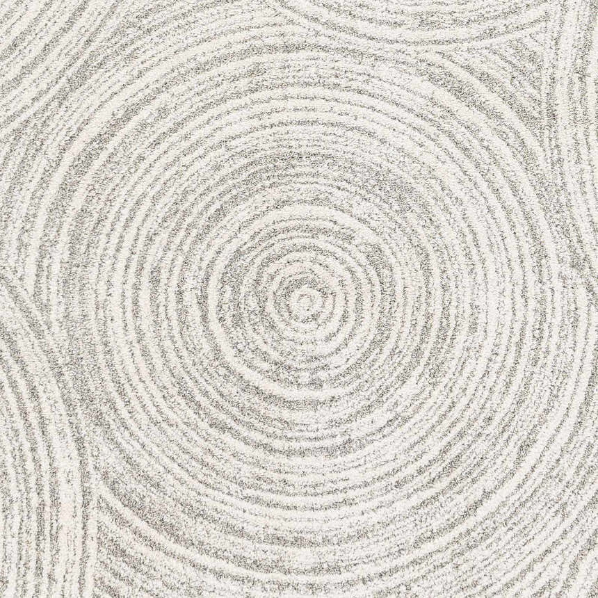 Close-up of the Pirton Luxe Rug. Concentric circles pattern in charcoal, cream, light beige, and light gray. Machine woven texture. Swatch
