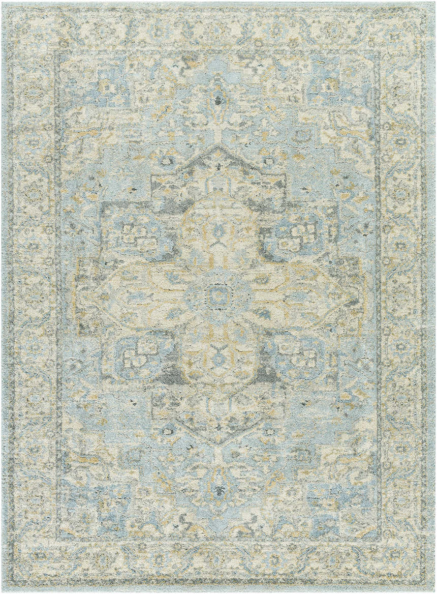 Close-up of the Akshay Beige Thick Luxe Area Rug, showcasing its traditional pattern and soft beige, blue, and gray tones. Design-Rectangle-6792