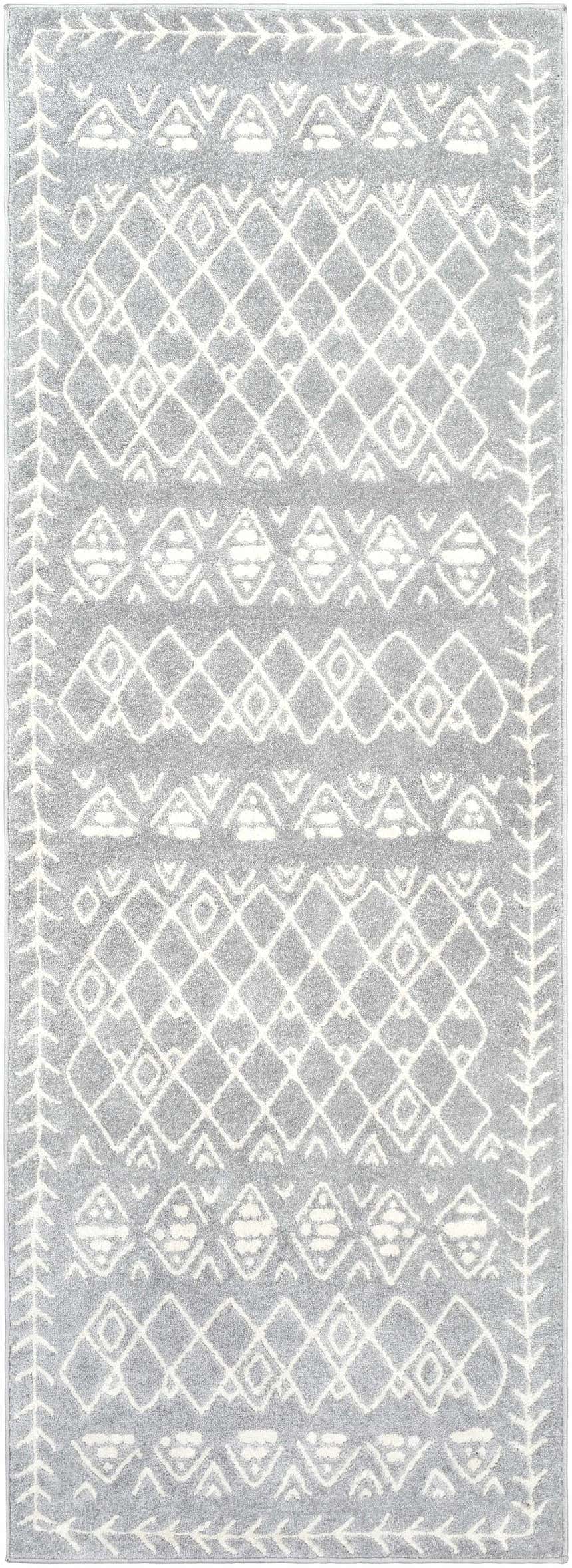 Close-up of the Plumsteadville Area Rug. Cream and slate geometric pattern with a farmhouse style border. Design-Runner-2773