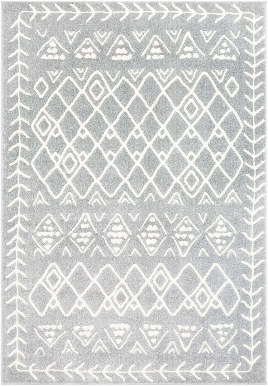 Close-up of the Plumsteadville Area Rug. Cream and slate gray rug with a geometric diamond and arrow pattern. Farmhouse style. Design-Rectangle-5373