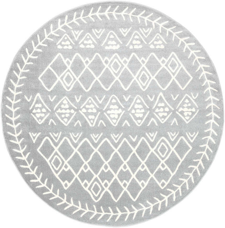 Close-up of the round Plumsteadville Area Rug in cream and slate, featuring a geometric pattern and leafy border. Design-Round-710