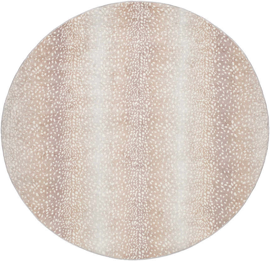 Close-up of a round Pointblank Tan Leopard Print Rug. Features a tan and ivory animal print pattern. Design-Round-710