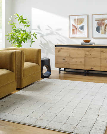 Living room with Cascade Ivory Modern Grid Rug, mustard chairs, and wood cabinet. Contemporary style. Roomscene-Rectangle