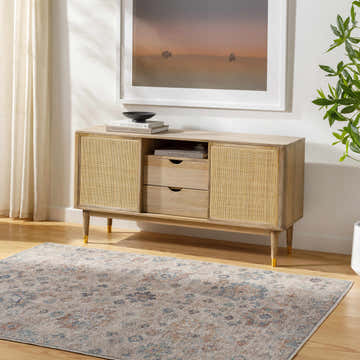 Living room scene with Livabliss x Our PNW Home Olympic Damask Gray Rug, light wood console table, art, and plant. Roomscene-Rectangle