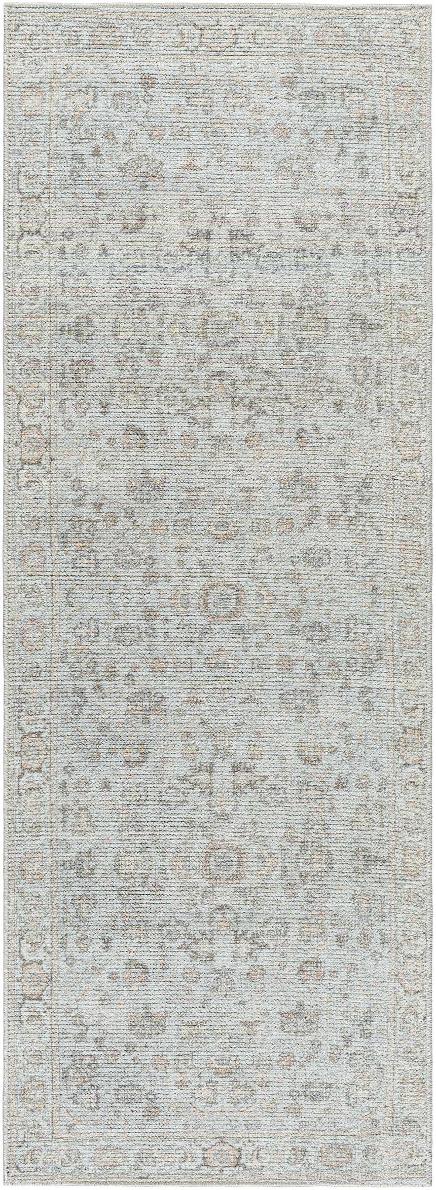 Close-up of the Livabliss x Our PNW Home Olympic Damask Light Blue Rug. Features a traditional damask pattern in cream, gray, and brown. Design-Runner-2773