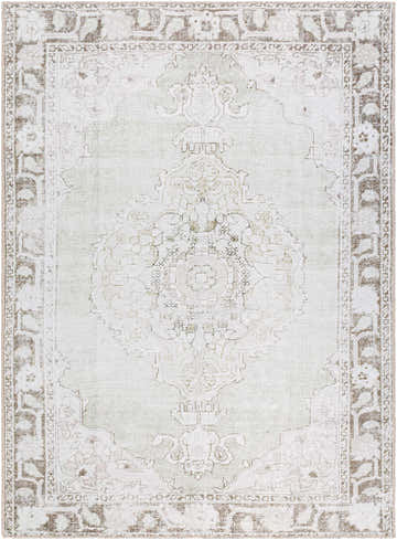 Close-up of Livabliss x Our PNW Home Rainier Medallion Gray Washable Rug. Traditional medallion pattern, medium gray color. Design-Rectangle-5373