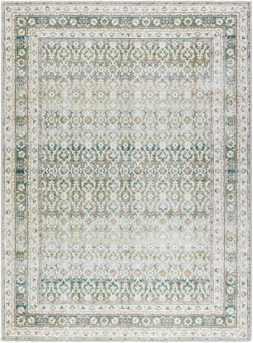 Close-up of the PNW Home Rainier Damask Green Washable Rug, featuring a traditional green and dark red damask pattern. Design-Rectangle-5373
