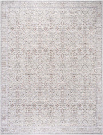 Close-up of the Livabliss x Our PNW Home Spokane Damask Ivory Rug. Features a traditional damask pattern in ivory, beige, and brick red. Design-Rectangle-58