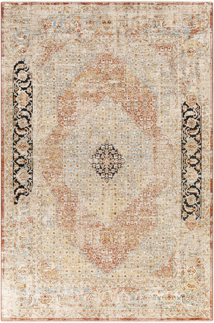 Detailed view of the Polomolok Luxe Performance Rug, featuring a traditional oriental pattern in brick red, cream, and black. Design-Rectangle-6796