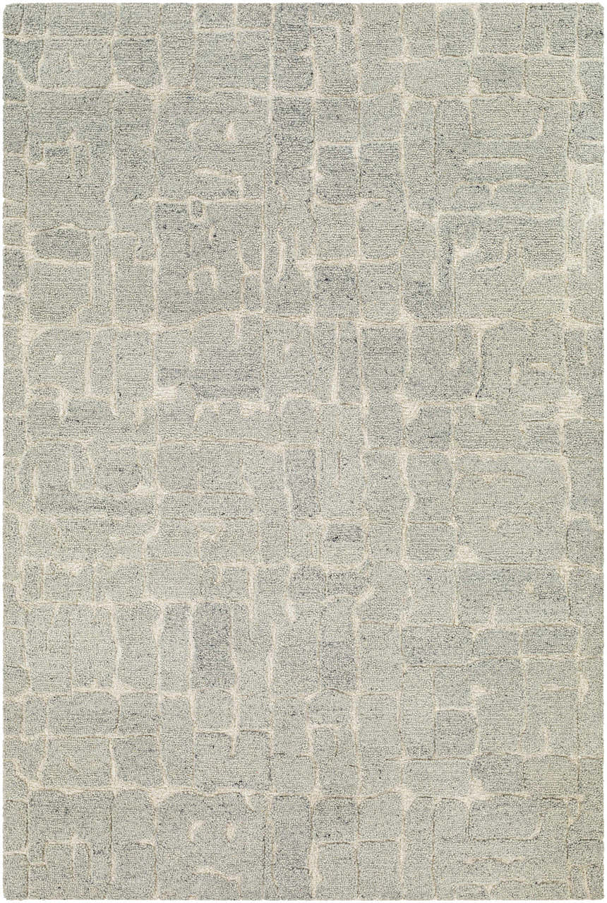 Close-up of the hand-tufted Posof Area Rug. Light beige and gray wool rug with a contemporary geometric pattern. Design-Rectangle-576