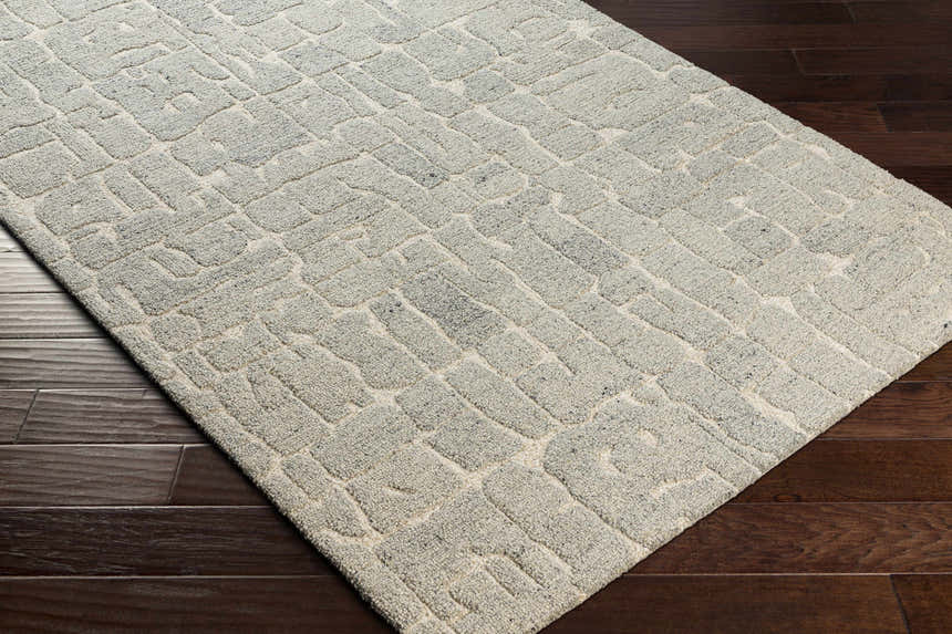 Close-up of the hand-tufted Posof Area Rug. Light beige and gray wool rug with a contemporary geometric pattern. Corner