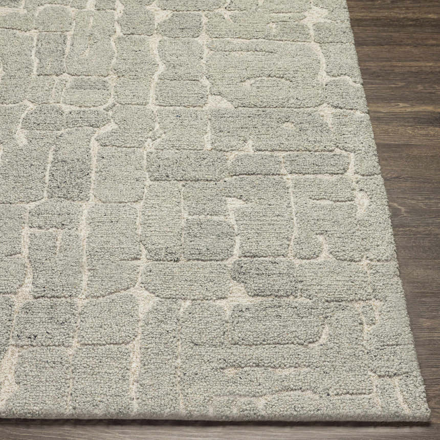 Close-up of the Posof Area Rug, a hand-tufted wool rug with a light gray geometric pattern on a light beige background. Front