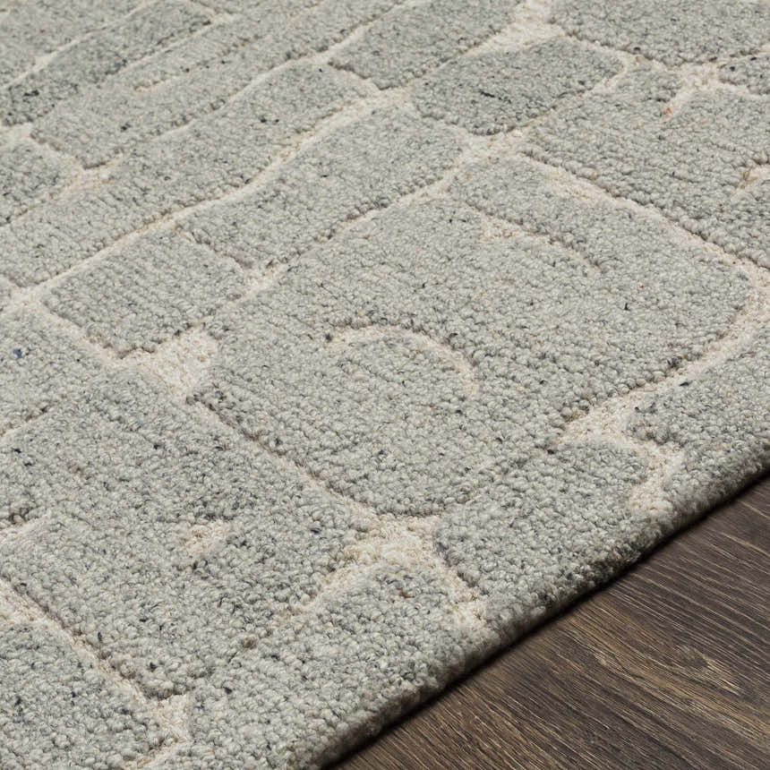 Close-up of the hand-tufted Posof Area Rug. Light gray and beige wool rug with a contemporary geometric pattern and textured pile. Texture
