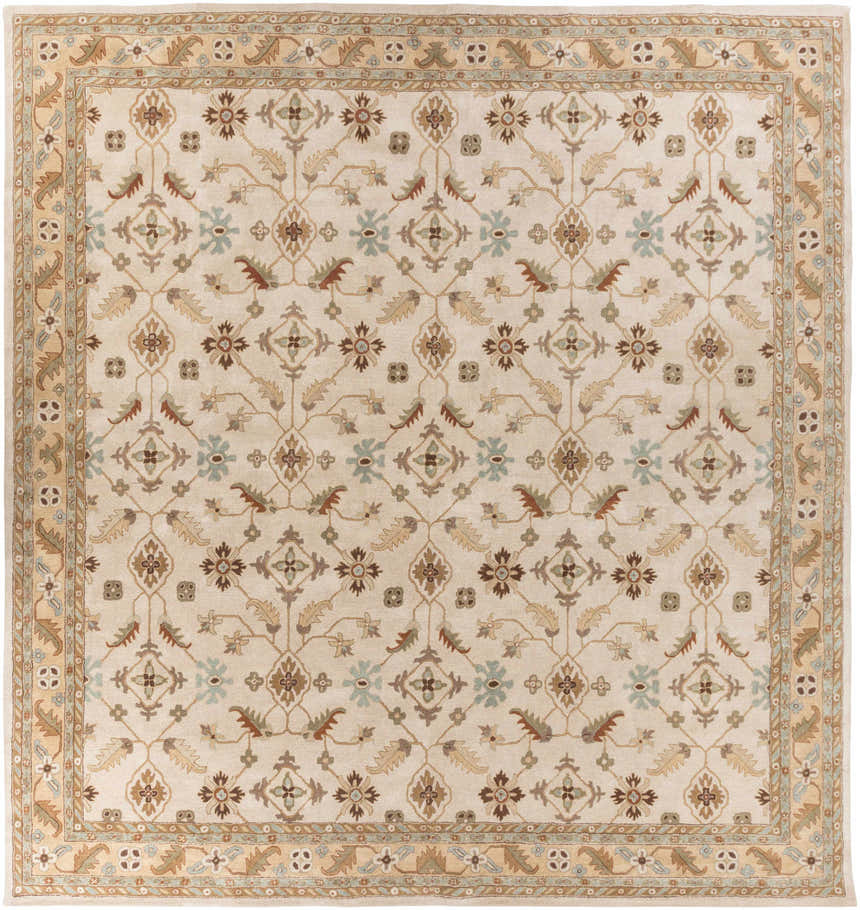 Detailed Postelle Wool Rug with a traditional floral pattern in brown, tan, and dusty sage. Hand-tufted texture. Design-Square-5